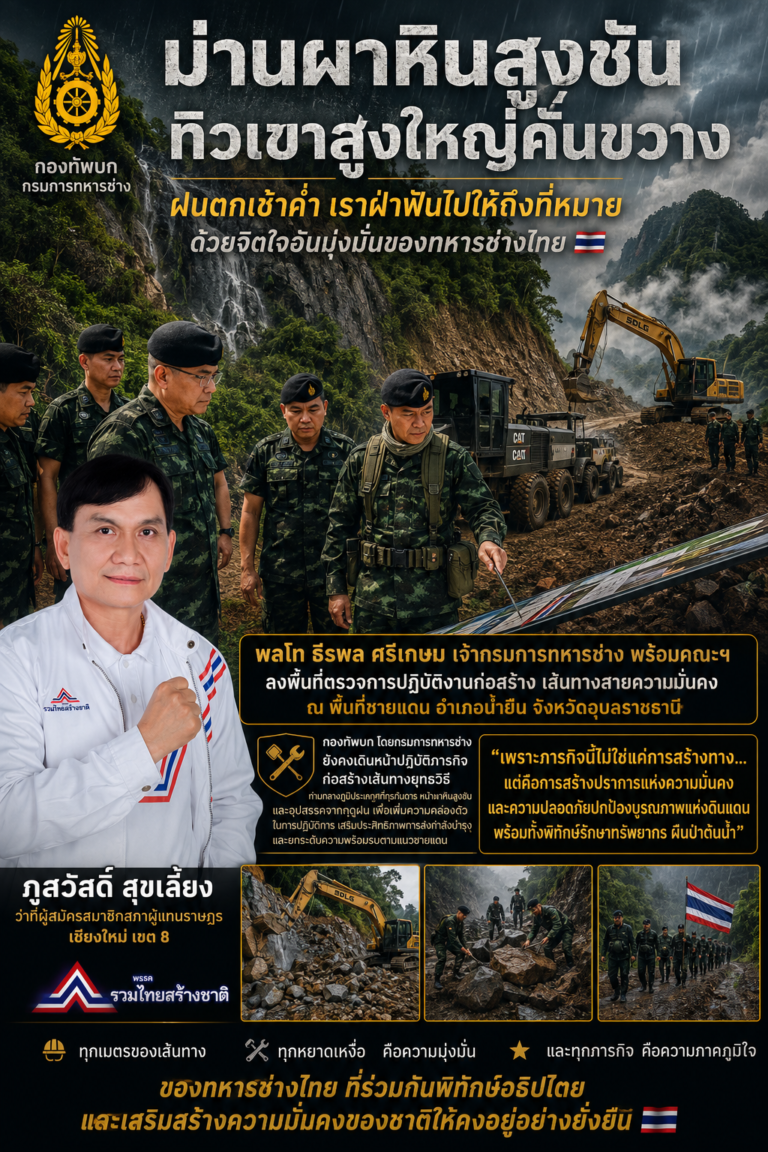 Read more about the article “ ม่านผาหินสูงชัน ทิวเขาสูงใหญ่คั่นขวาง ฝนตกเช้าค่ำ เราฝ่าฟันไปให้ถึงที่หมาย ด้วยจิตใจอันมุ่งมั่นของทหารช่างไทย ”