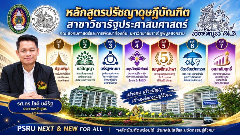 Read more about the article หลักสูตรปรัชญาดุษฎีบัณฑิต สาขาวิชารัฐประศาสนศาสตร์ คณะสังคมศาสตร์และการพัฒนาท้องถิ่น มหาวิทยาลัยราชภัฏพิบูลสงคราม